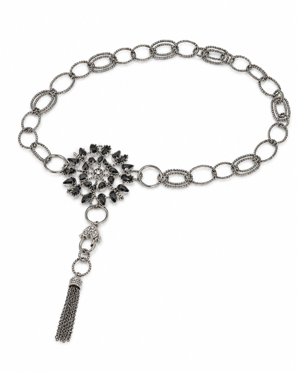 Silver Tone Chain Belt Necklace Floral Medallion Tassel Rhinestone Convertible